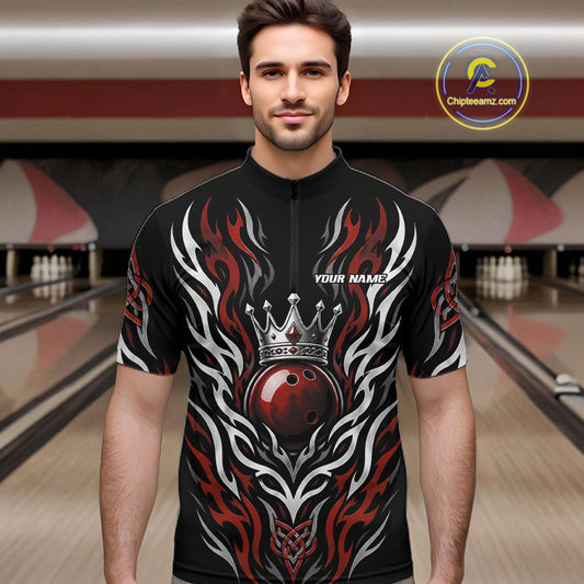 Custom Black And Red Irish Tribal Pattern Bowling Ball With Crown Men Quarter Zip Shirt IPHW11693