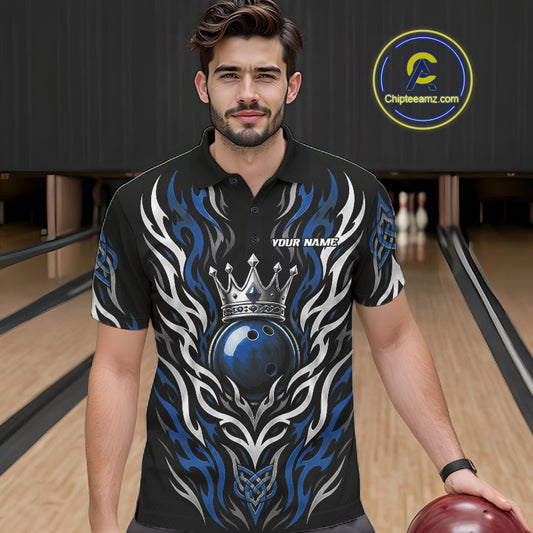 Custom Black And Blue Irish Tribal Pattern Bowling Ball With Crown Men Polo Shirt IPHW11694
