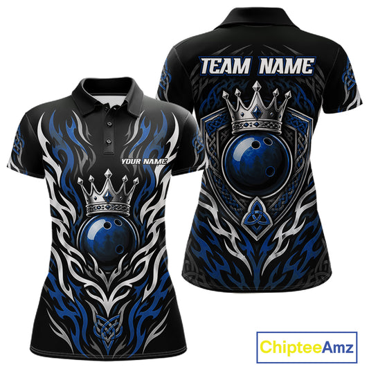 Custom Black And Blue Irish Tribal Pattern Bowling Ball With Crown Women Polo Shirt IPHW11694
