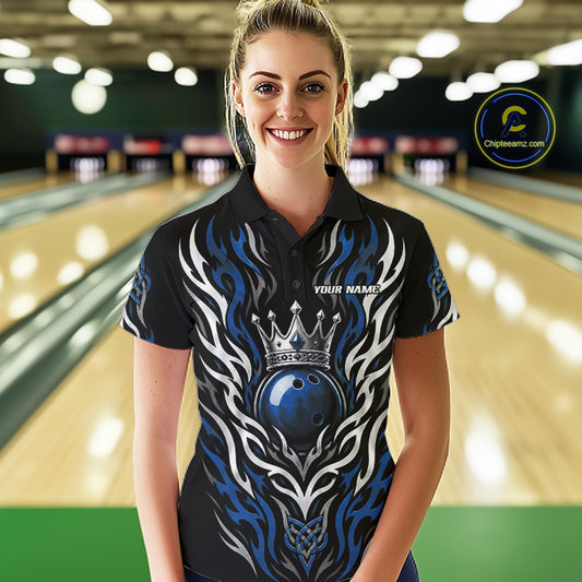 Custom Black And Blue Irish Tribal Pattern Bowling Ball With Crown Women Polo Shirt IPHW11694