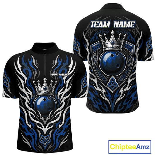 Custom Black And Blue Irish Tribal Pattern Bowling Ball With Crown Men Quarter Zip Shirt IPHW11694