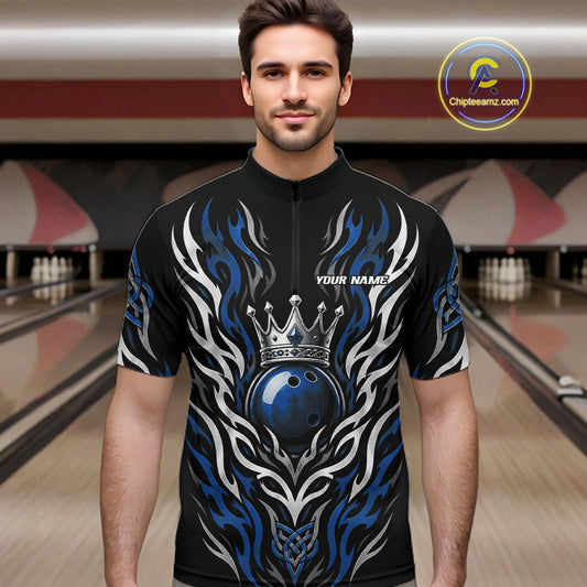 Custom Black And Blue Irish Tribal Pattern Bowling Ball With Crown Men Quarter Zip Shirt IPHW11694