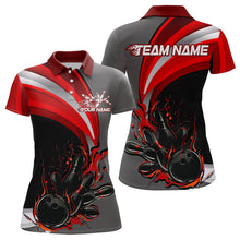 Load image into Gallery viewer, Custom Black, Red And Gray Flame Bowling Polo Shirts For Women, Bowling Team League Shirt IPHW9273