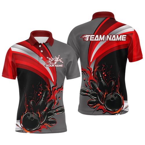 Custom Black, Red And Gray Flame Bowling Polo Shirts For Men, Bowling Team League Shirt IPHW9273