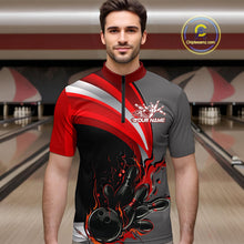Load image into Gallery viewer, Custom Black, Red And Gray Flame Bowling Quarter-Zip Shirts For Men, Bowling Team League Shirt IPHW9273