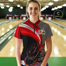 Load image into Gallery viewer, Custom Black, Red And Gray Flame Bowling Women Quarter-Zip Shirt, Bowling League Shirt IPHW9273