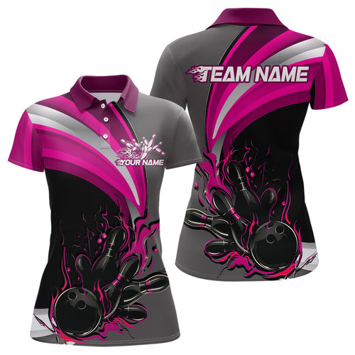 Custom Black, Pink And Gray Flame Bowling Polo Shirt For Women, Bowling Team League Shirt IPHW9275