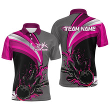 Load image into Gallery viewer, Custom Black, Pink And Gray Flame Bowling Polo Shirts For Men, Bowling Team League Shirt IPHW9275