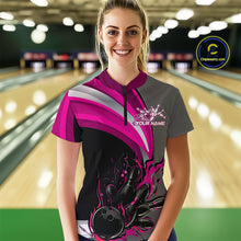Load image into Gallery viewer, Custom Black, Pink And Gray Flame Bowling Women Quarter-Zip Shirt, Bowling League Shirt IPHW9275