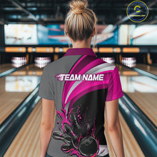 Load image into Gallery viewer, Custom Black, Pink And Gray Flame Bowling Women Quarter-Zip Shirt, Bowling League Shirt IPHW9275
