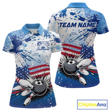 Load image into Gallery viewer, Custom Blue Camo Patriotic Bowling Polo Shirts For Women, Bowling Team Uniform IPHW9595