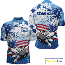 Load image into Gallery viewer, Custom Blue Camo Patriotic Bowling Quarter-Zip Shirts For Men, Bowling Team Uniform IPHW9595