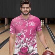 Load image into Gallery viewer, Custom White And Pink Bowling Team Men Polo Shirts, Bowling Ball And Pins Jerseys IPHW9601
