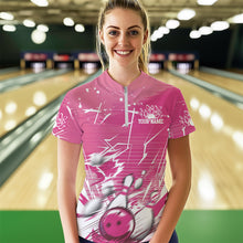 Load image into Gallery viewer, Custom White And Pink Bowling Team Women Quarter-Zip Shirt, Bowling Ball And Pins Jerseys IPHW9601