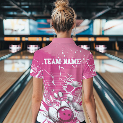 Custom White And Pink Bowling Team Women Quarter-Zip Shirt, Bowling Ball And Pins Jerseys IPHW9601