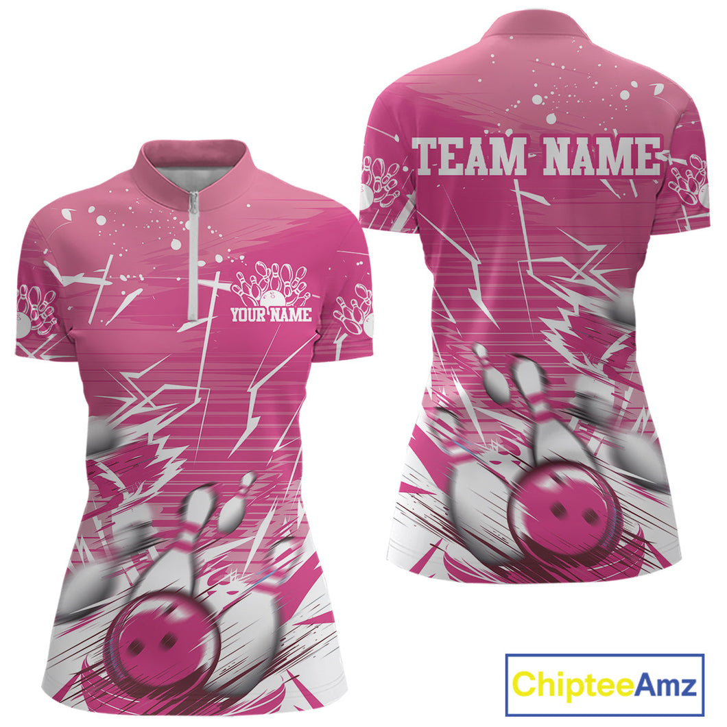 Custom White And Pink Bowling Team Women Quarter-Zip Shirt, Bowling Ball And Pins Jerseys IPHW9601