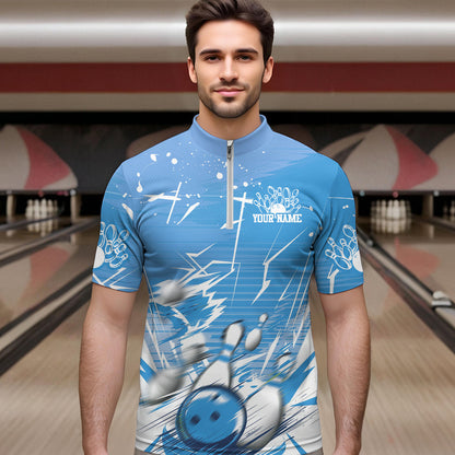 Custom White And Blue Bowling Team Men Quarter-Zip Shirts, Bowling Ball And Pins Jerseys IPHW9602