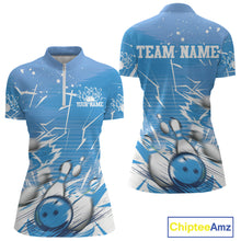 Load image into Gallery viewer, Custom White And Blue Bowling Team Women Quarter-Zip Shirt, Bowling Ball And Pins Jerseys IPHW9602