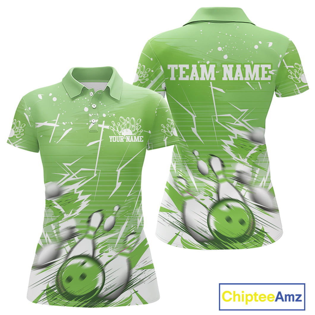 Custom White And Green Bowling Team Women Polo Shirts, Bowling Ball And Pins Jerseys IPHW9603