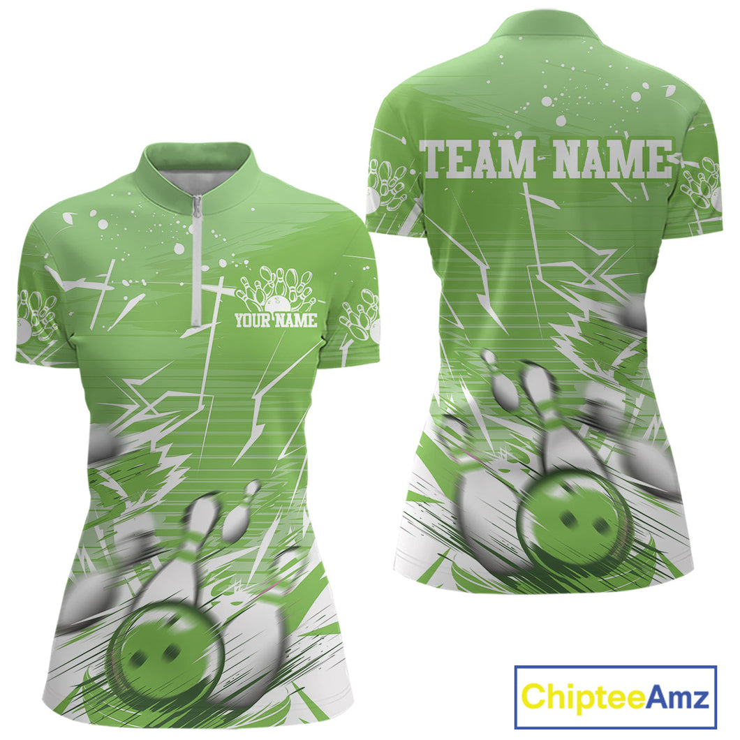 Custom White And Green Bowling Team Women Quarter-Zip Shirt, Bowling Ball And Pins Jersey IPHW9603