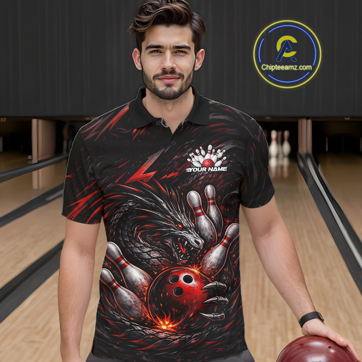 Custom Black And Red Dragon Bowling Jerseys, Dragon Bowling Team Men Polo Shirt IPHW10362