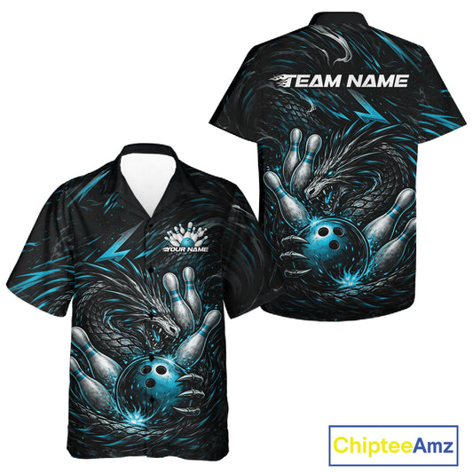 Custom Turquoise Blue Dragon Bowling Jerseys, Dragon Bowling Team Men And Women Hawaiian Shirt IPHW10363