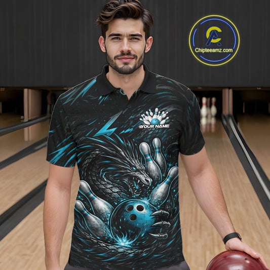 Custom Turquoise Blue Dragon Bowling Jerseys, Dragon Bowling Team Men Polo Shirt IPHW10363