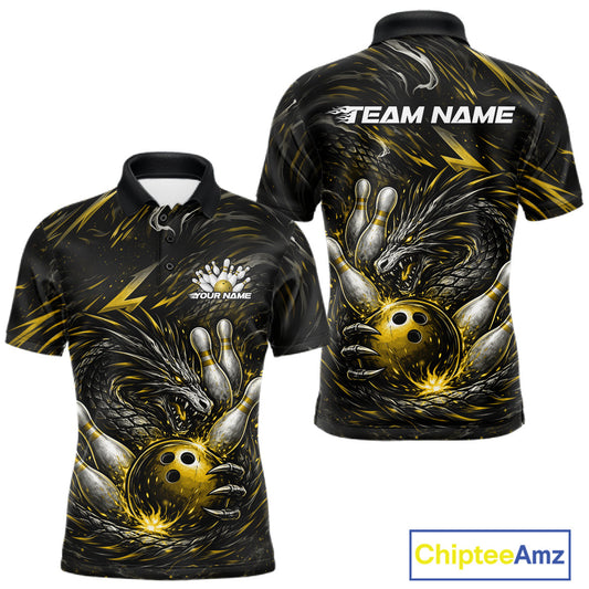 Custom Black And Gold Dragon Bowling Jerseys, Dragon Bowling Team Men Polo Shirt IPHW10364