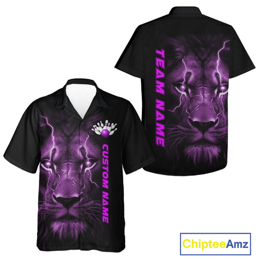Custom Purple Thunder Lightning Lion Bowling Shirt For Men And Women, Lion Bowling Team Jerseys IPHW10667