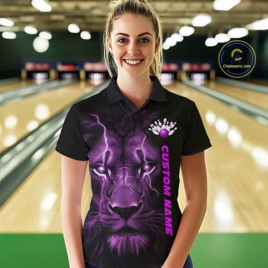 Custom Purple Thunder Lightning Lion Bowling Shirt For Women, Lion Bowling Team Jerseys IPHW10667