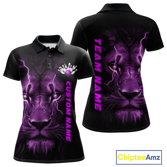 Custom Purple Thunder Lightning Lion Bowling Shirt For Women, Lion Bowling Team Jerseys IPHW10667