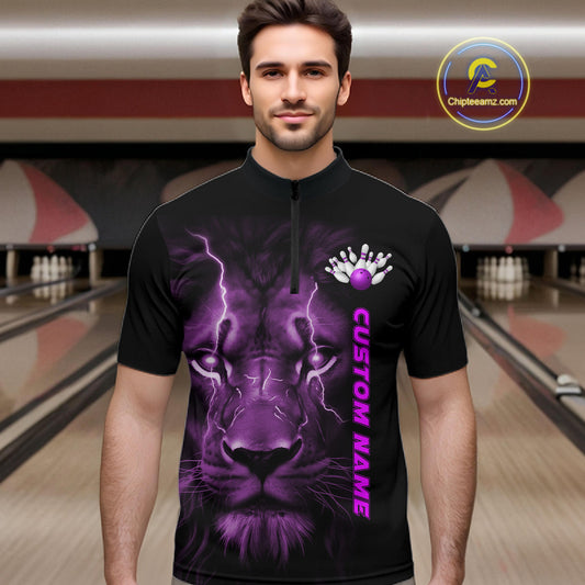 Custom Purple Thunder Lightning Lion Bowling Shirt For Men, Lion Bowling Team Jerseys IPHW10667