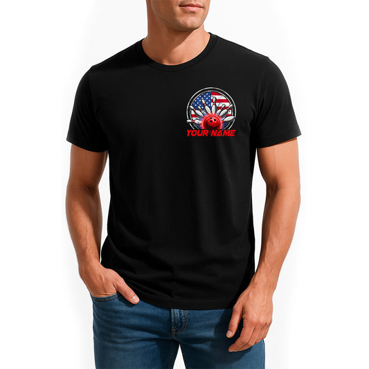 Custom Bowling T-Shirts For Men, Patriotic US Bowling Style With American Flag IPHW9071