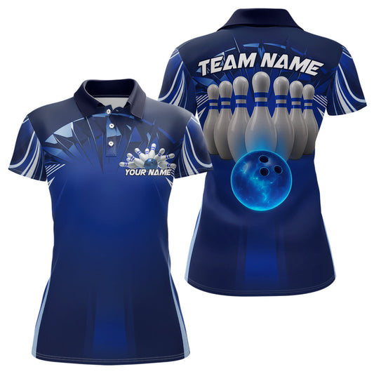 Custom Blue Bowling Tournament Bowling Polo Shirts For Women With Team Name IPHW9280