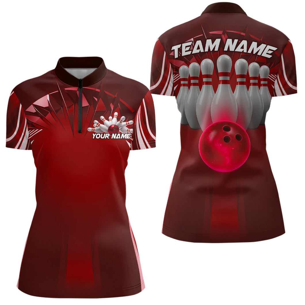 Custom Red Bowling Tournament Bowling Women Quarter-Zip Shirts With Team Name IPHW9282