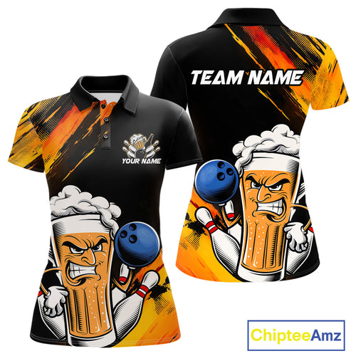 Custom Black And Yellow Funny Bowling And Beer Jerseys, Bowling Team Women Polo Shirts IPHW9605