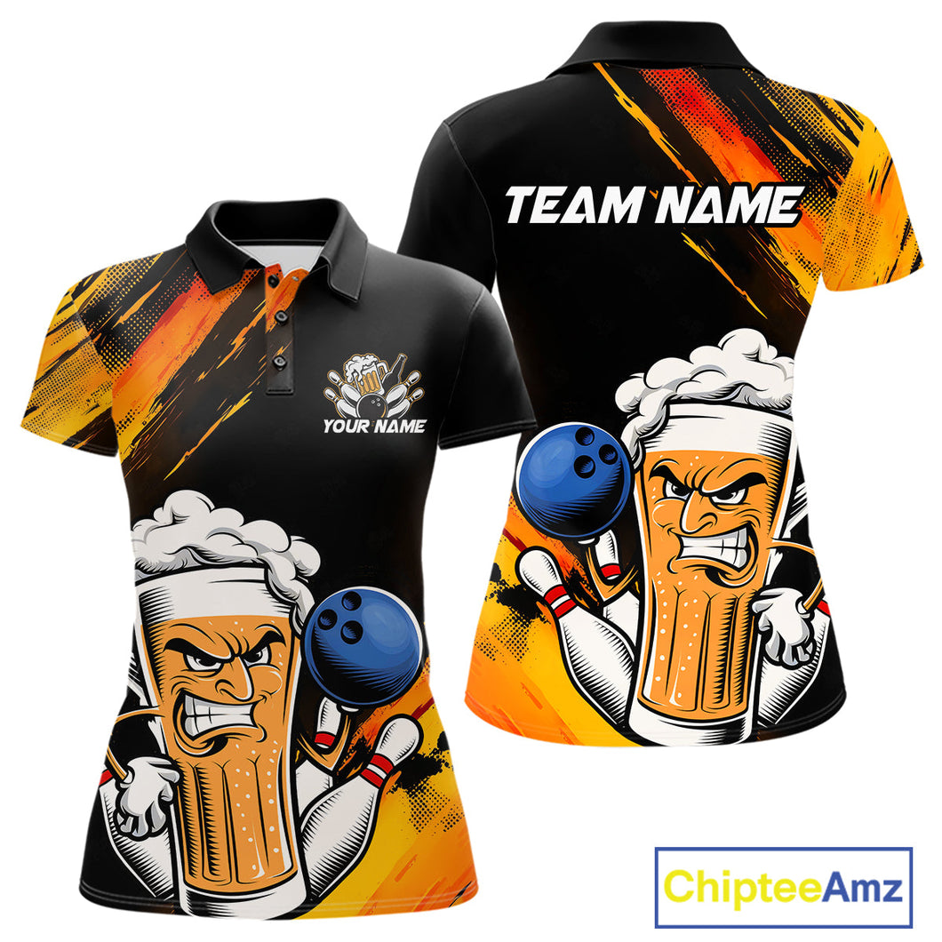 Custom Black And Yellow Funny Bowling And Beer Jerseys, Bowling Team Women Polo Shirts IPHW9605