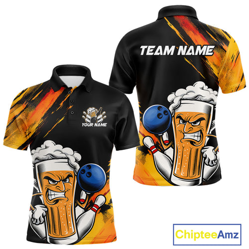 Custom Black And Yellow Funny Bowling And Beer Jerseys, Bowling Team Men Polo Shirts IPHW9605