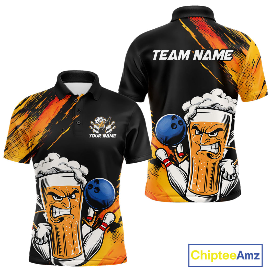 Custom Black And Yellow Funny Bowling And Beer Jerseys, Bowling Team Men Polo Shirts IPHW9605