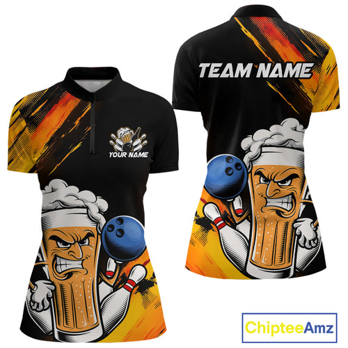 Custom Black And Yellow Funny Bowling And Beer Team Women Quarter-Zip Shirt IPHW9605