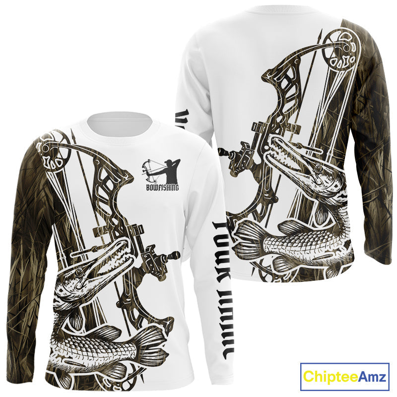 Custom Grass Camo Alligator Gar Bowfishing Long Sleeve Tournament Shirts, Bow Fishing Shirt IPHW9290