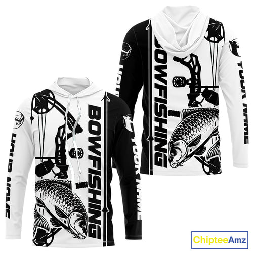 Custom Black And White Bowfishing Carp Long Sleeve Hooded Fishing Shirts, Carp Bow Fishing Shirt IPHW9291