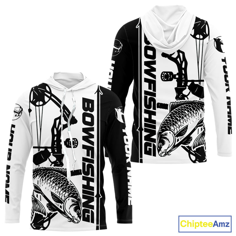 Custom Black And White Bowfishing Carp Long Sleeve Hooded Fishing Shirts, Carp Bow Fishing Shirt IPHW9291