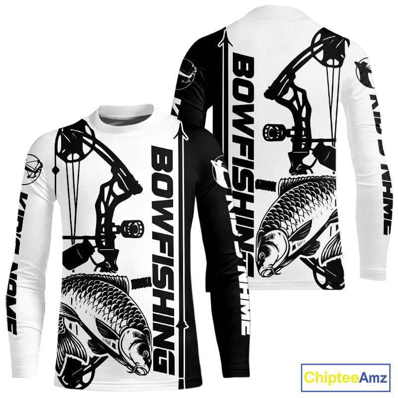 Custom Black And White Bowfishing Carp Kid Long Sleeve Fishing Shirts, Carp Bow Fishing Shirt IPHW9291