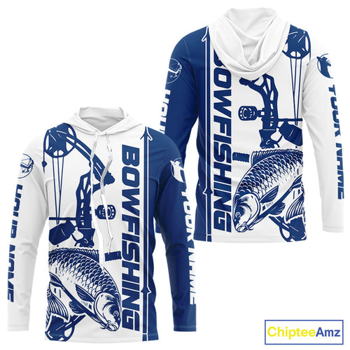 Custom Blue And White Bowfishing Carp Long Sleeve Hooded Fishing Shirts, Carp Bow Fishing Shirt IPHW9292