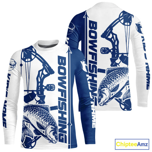 Custom Blue And White Bowfishing Carp Kid Long Sleeve Fishing Shirts, Carp Bow Fishing Shirt IPHW9292