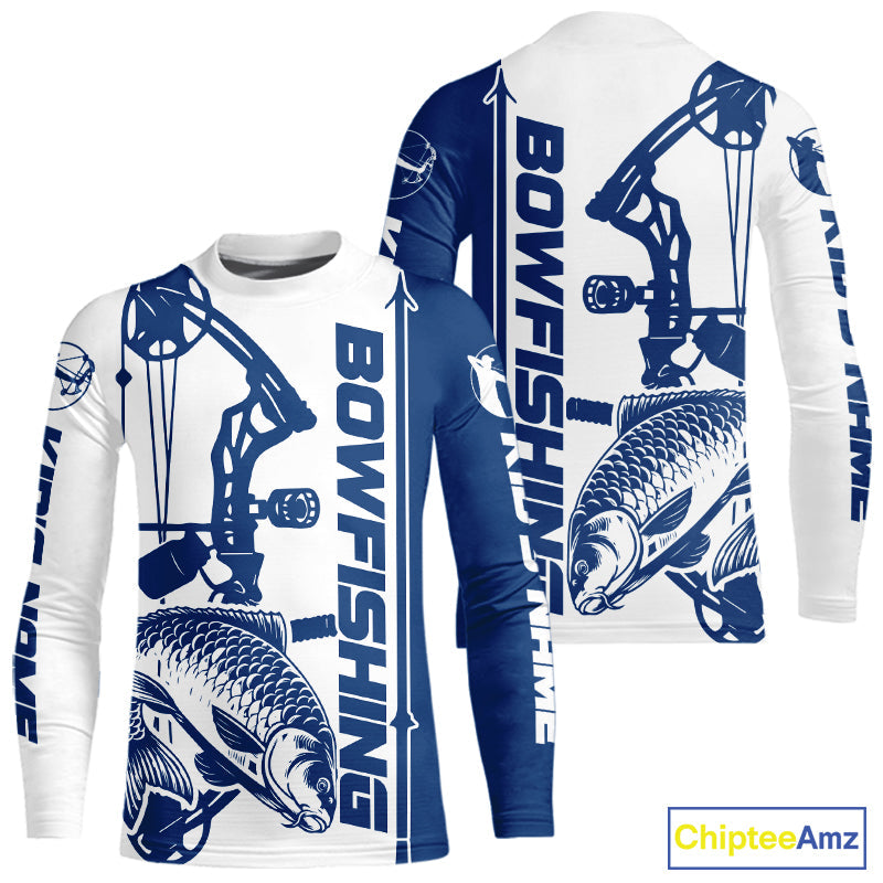 Custom Blue And White Bowfishing Carp Kid Long Sleeve Fishing Shirts, Carp Bow Fishing Shirt IPHW9292