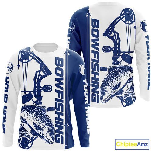 Custom Blue And White Bowfishing Carp Long Sleeve Fishing Shirts, Carp Bow Fishing Shirt IPHW9292