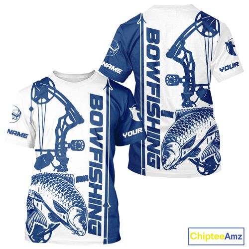 Custom Blue And White Bowfishing Carp Fishing T-Shirts, Carp Bow Fishing T-Shirt IPHW9292