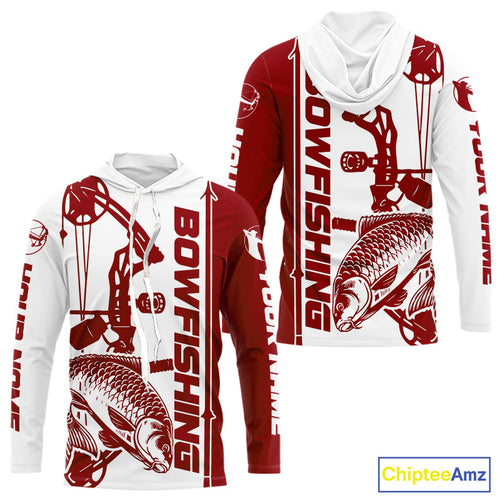 Custom Red And White Bowfishing Carp Long Sleeve Hooded Fishing Shirts, Carp Bow Fishing Shirt IPHW9293